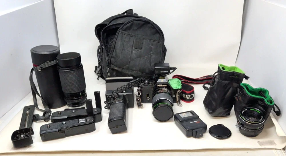 Nikon EM 35mm Film Camera w Lens Case & Accessories untested fast shipping